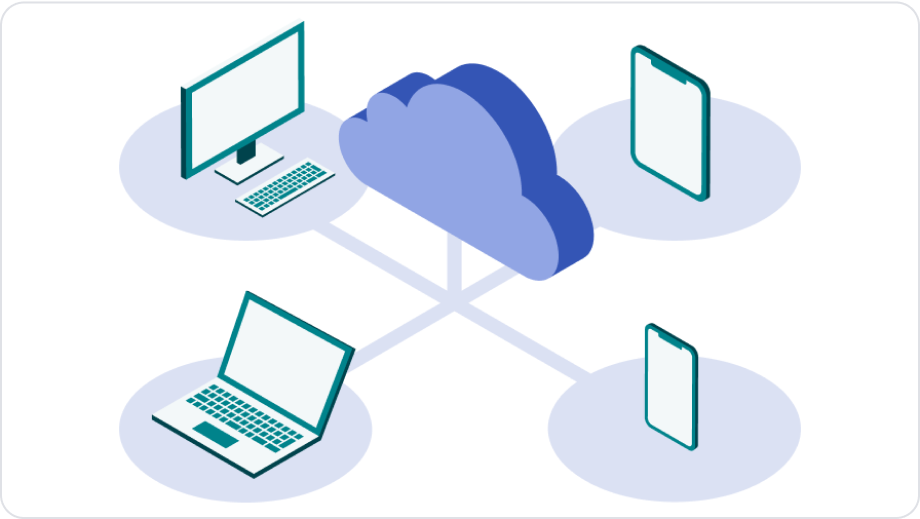 どこでも仕事ができる、マルチデバイス対応で働き方改革を推進のイメージイラスト